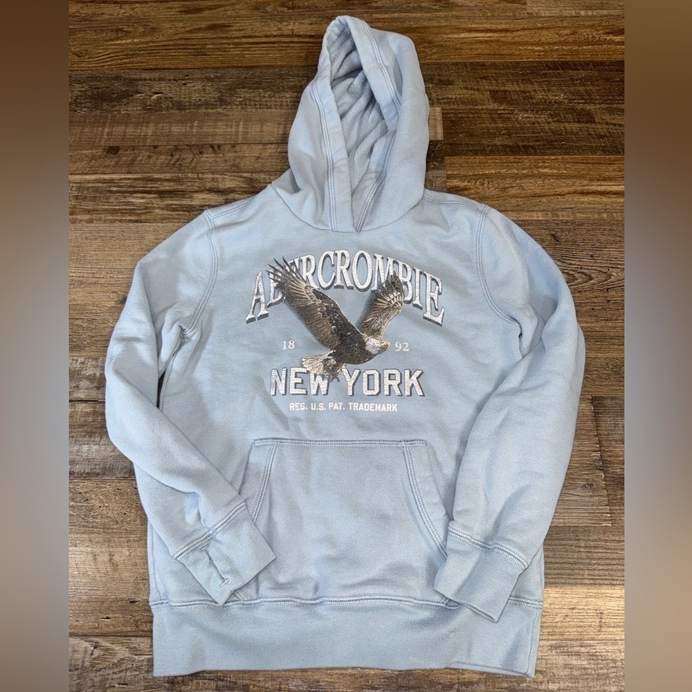 Abercrombie Kids Light Blue Eagle Graphic Hoodie Sweatshirt Size 9/10